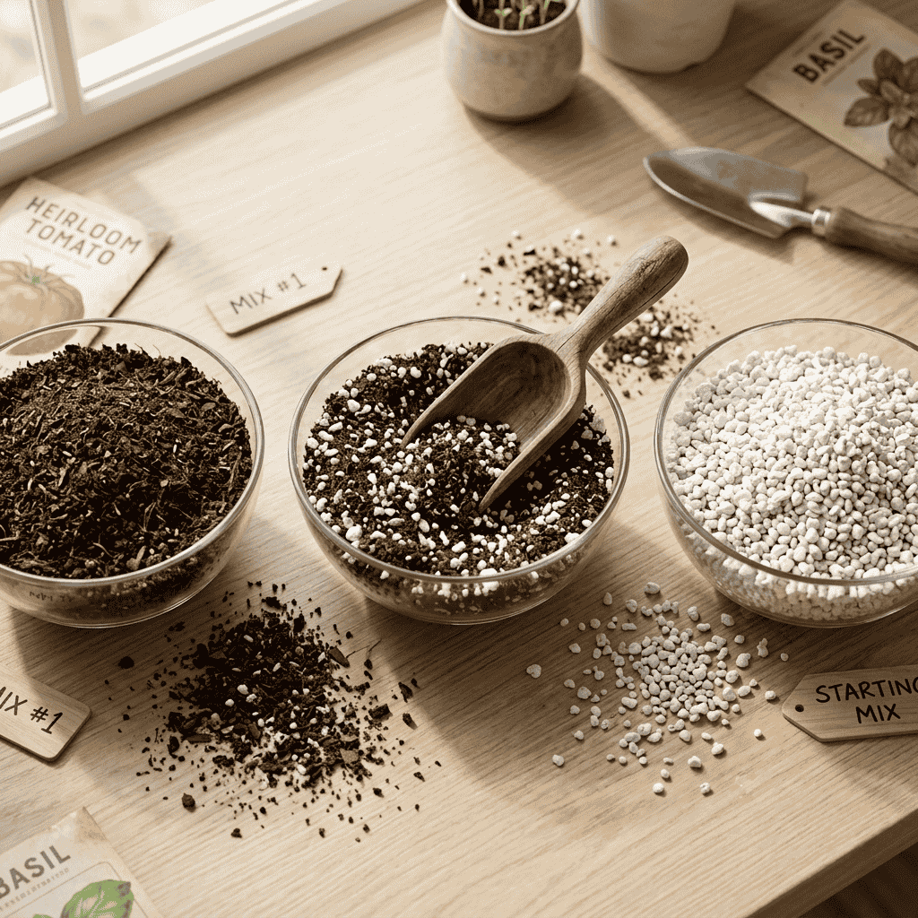 “Step-by-step overhead gardening image showing seed starting mix and preparation process to grow lavender from seed.”